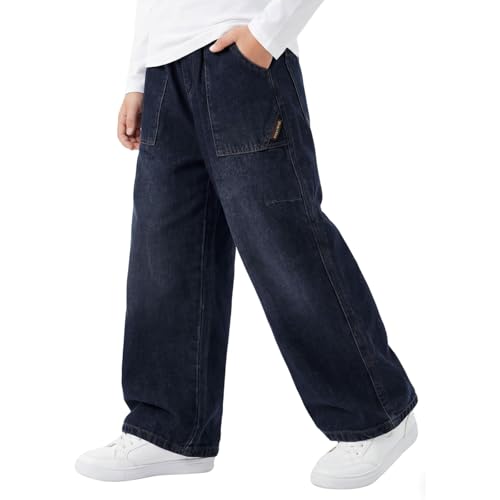 Keyck Vaqueros Baggy Jeans para Niños, Holgados Denim Pantalones con Cintura Elástica y Multi-Bolsillos Niño Largos Stretch Denim Jeans Vintage Streetwear Pants para 12-13 Años, Azul Oscuro