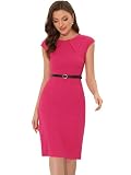Allegra K Business Dress for Women's Work Elegant 2026 Cap Sleeve Belted Office Sheath Dresses Medium Hot Pink