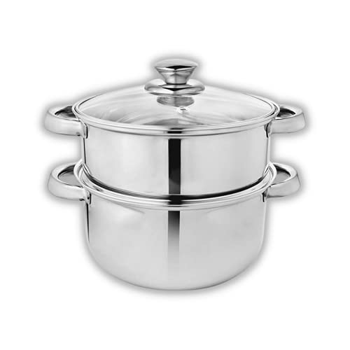 Image of Stainless Steel Steamer Set with Glass Lid | Pasta Steamer | Vegetable Steamer | Momo Steamer | Rice Steamer; 20 cm; 3pc Set; Premium Steel Products