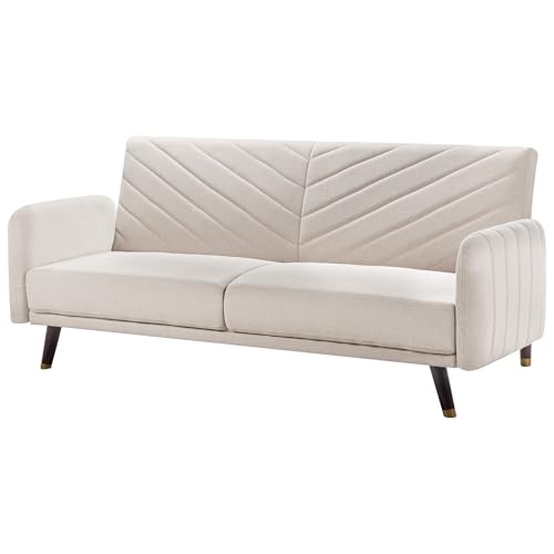 Divano Letto Beige Chiaro In Tessuto Di Finto Lino Soggiorno Moderno 3 Posti Gambe In Legno Braccio A Binario - 4