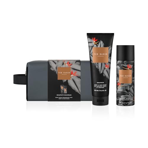 Ted Baker Fusion Graphite Mens Toiletry Gift Set With Body Spray Deodorant & 2 In 1 Hair & Body Wash In Bag Full Size Items Aromatic Woody Sophisticated Fragrance Vegan