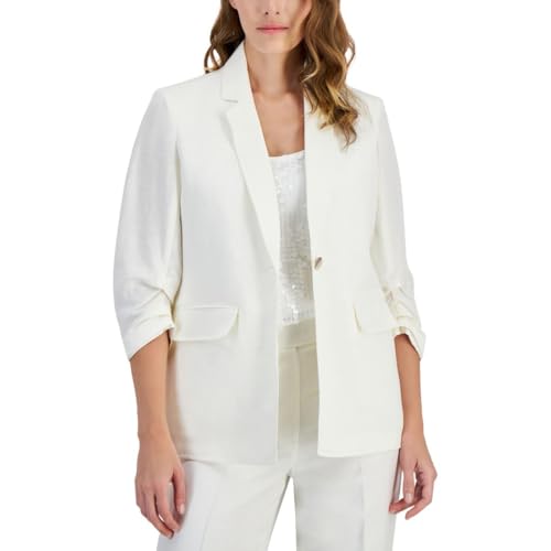 Anne Klein Womens Ruched Linen One-Button Blazer