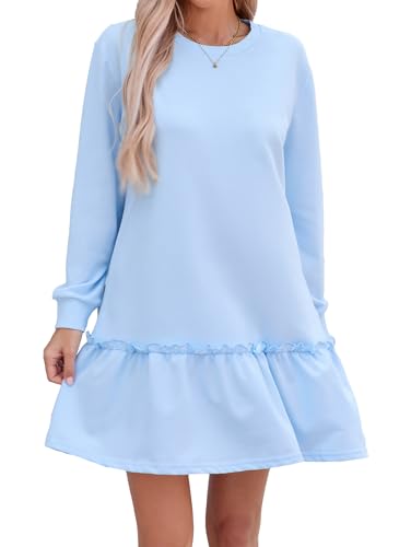 Image of Famulily Womens Casual Dresses Long Sleeve Cute Ruffle Sweatshirt Dress for Work Wedding Guest Party Holiday A Line SkyBlue L