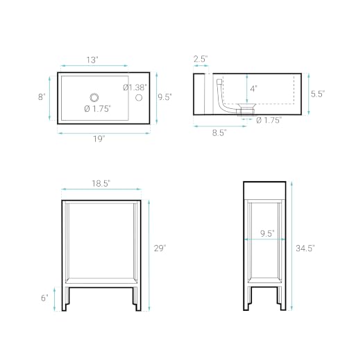 Image of Swiss Madison Pierre 19 inch Freestanding Bathroom Vanity with Open Shelf and Brushed Gold Metal Frame