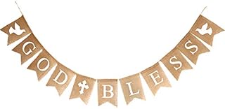 PRETYZOOM God Bless Banner Burlap Baptism Garland Sign Bunting for Confirmation First Communion Decorations Baptism Party Supplies Baby Shower Thanksgiving