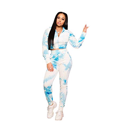 Nhicdns Velour Tracksuit Two Piece Outfits for Women - Tie Dye Long Sleeve Zipper Hoodie Jogger Sweatpants Sweatsuit Set Blue Small