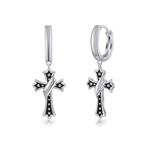 PHNIBIRD Boucles d'oreilles Croix Créoles Argent 925 Avec Pendentif Noir Boucles d'oreilles Unisexe Hommes Femmes 13mm