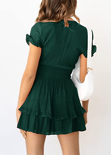 Prettygarden Women's 2023 Summer Swing Mini Dress Tie Front V Neck Short Sleeve Ruffle Layer A-Line Short Dress(Dark Green,Medium) #TOP13