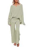 Pink Queen Women's 2 Piece Sweater Set Loose Button Pullover Knit Top Long Wide Leg Pants Sweatsuit Lounge Set Green L