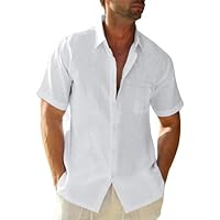 Glacspyg Chemise en Lin Hommes Chemise à Manches Courtes Travail Chemise de Loisirs Fitted Business Casual Vacances Eté Plage avec Poche Blanc XL
