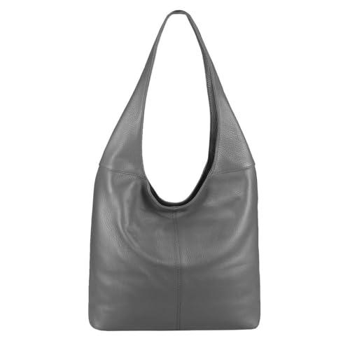 Made in Italy Damen Leder Tasche Shopper Schultertasche Umhängetasche Handtasche Beuteltasche Hobo Bag Ledertasche Nappaleder Grau