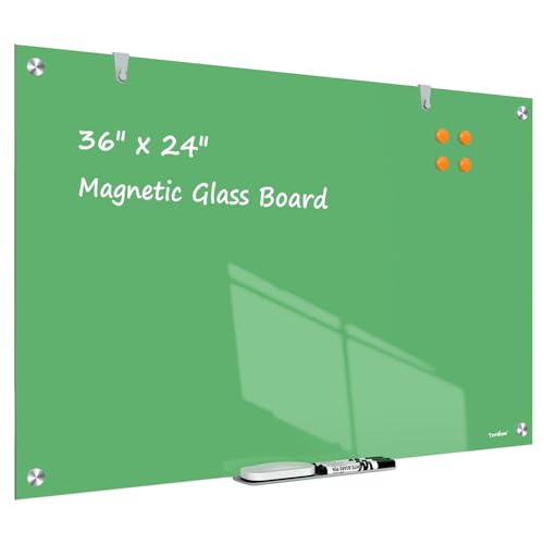 Pizarra blanca de cristal magnética de borrado en seco de 91 x 61 cm, pizarra blanca de cristal verde sin marco para pared, oficina, escuela, aula, hogar, 3 x 2 pies, pizarra blanca grande montada en