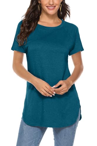 Womens Workout Tops，Classic Raglan Short Sleeve Tunic Shirts Lightweight Activewear (XL,Y-Peacock Blue)