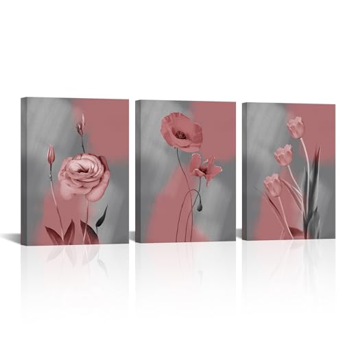 WELMECO Canvas Wall Art Decor Pink and Grey Flowers Prints