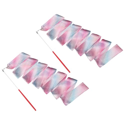 YELARXI 2 Pcs Dance Ribbons, 78.7" Sparkly Gymnastics Ribbon Streamers, Rhythmic Dance Twirling Sticks with Non-Slip Red Wand -Fitting for (Gymnastics/Talent Shows/Artistic/Party) Pink