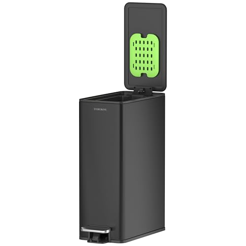 Image of EverGrove 10L Slim Bathroom Bin, 14cm Narrow Stainless Steel Pedal Bin with Soft-Close Lid & Odour Filter, Compact Step Bin for Toilet Side, Office or Small Kitchen Matte Black