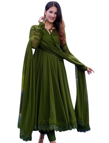 Image of ESTELA Women's Solid Pattern Faux Georgette Anarkali Kurta Pant Dupatta Set with Long Sleeve V-Neck Calf Length Gaipure Lace Border and Pull On Closure Type | Flair Suit For Womens