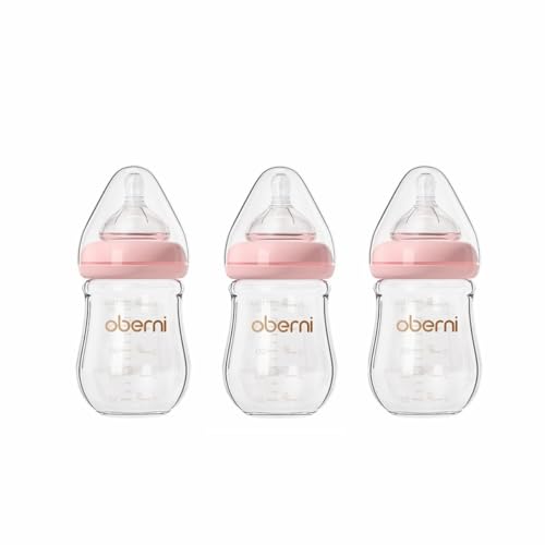 Image of Oberni Glass Baby Bottles,Anti Colic Breastfeeding Bottle with Natural Response Nipple Size S,Wide Neck Slow Flow Baby Bottle for Baby,Newborn,Preemie 0-3 0-6 Month,BPA Free (Pink, 5 Ounce，3 Pack)