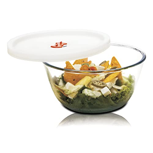 SignoraWare Borosilicate Glass Mixing Bowl with Lid & Steam release Knob | Microwave safe | Heat Resistant | Direct Fridge to Oven | Ideal for storing