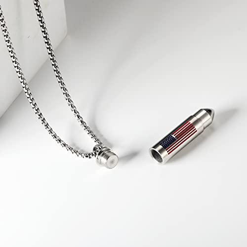 Bullet Urn Necklace for Ashes Stainless Steel Box Chain 24 inch American Flag Pendant Cremation Memorial Jewelry for Men3