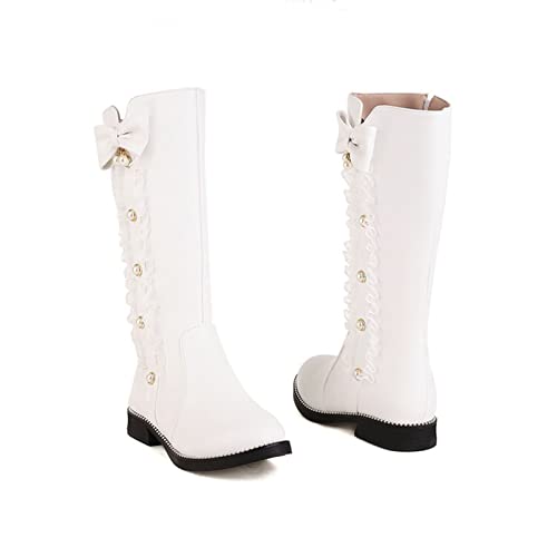 Ladies Cute Fashion Bow Solid Color Flat Round Toe Square Heel Middle Long Student Style Womens Mid Calf Snow Boots White #TOP1