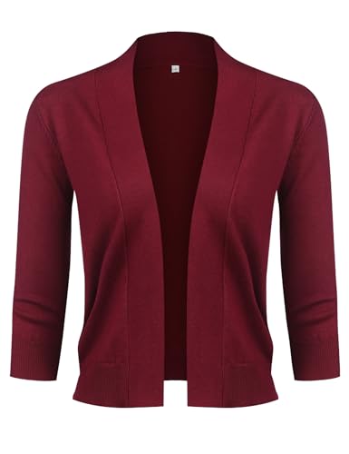Image of URRU Women's Classic 3 /4 Sleeve Open Front Cropped Cardigan Sweater Lightweight Knit Short Shrugs