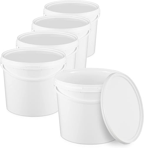 BenBow Seau de Rangement en Plastique - 10 l - Blanc - 5 x 10 l - Convient à Un Usage Alimentaire, Robuste, hermétique, Anti-Fuite, sans Odeur - Seau de...