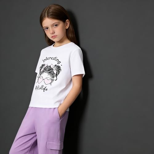 Image of Ayzozuy Kid Girl Clothes Outfits Figure Letter Graphic Tee Top + Flap Pocket Pants 2PC Clothing Set