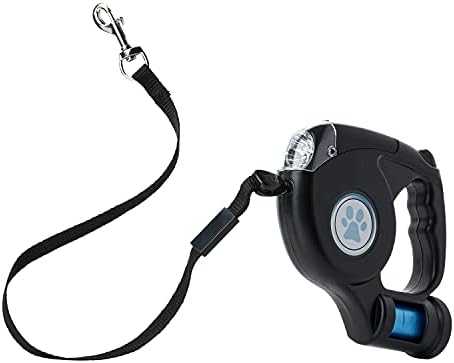 Ultra Retractable Dog Lead with LED Light 15ft Long Extendable Dog Lead with Dog Poo Bag Dispenser Built In 360 Degree Tangle Free Flexi Dog Leads Night Safety Dog Leashes for Dogs Upto 35KG in Size