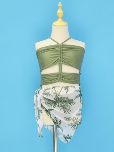 Girls 2 Pcs Bathing Suits Halter Ruched Bra One Piece Swimsuits with Wrap Skirts4