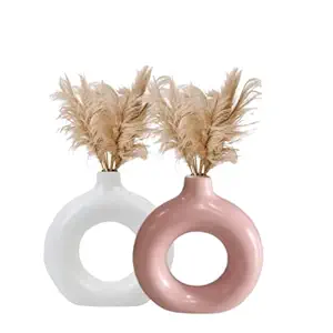 CS3HUB Home Decor Donut Vase | Flower Vase | Pampas Grass Vase | Glossy Ceramic Vase | Round Shaped Vase | Home D cor Centerpiece | 6 Inch Pink & White Glossy Combo (Pampass Grass Not Included)