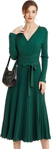 Image of Women's Long Sleeve Sweater Dress Ankle Length Fall Dress Vneck Knit Winter Dress