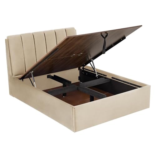 Image of Wakefit Bed | Queen (78 X 60) Solid Wood Bed, Upholstered, Hydraulic, 3 Year Warranty - Antho - Velvet Tuscan Tan