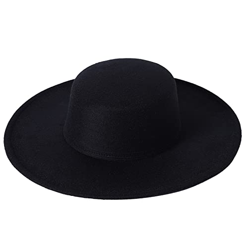 Qianderer Modischer Filzhut mit breiter Krempe, flache Oberseite, Kirche, Derby-Kappe für Herren und Damen, Schwarz, 56 - 58 cm, Schwarz , Einheitsgröße