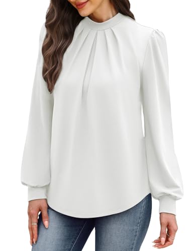 Image of WIHOLL Long Sleeve Shirts for Women Mock Neck Tops Pleated Front Blouses Dressy Casual Spring Fall Clothes 2026 Fashion