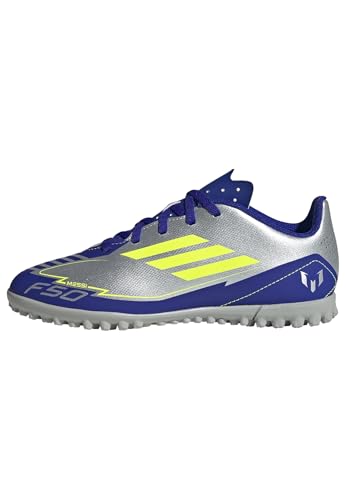 Adidas Unisex-Kids F50 Club Messi Turf Soccer, Silver Metallic/Solar Yellow/Lucid Blue, 4