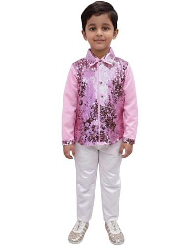 Image of BookMyCostume Pink Sequin Shirt & White Shiny Pants Western Dance Costume for Boys | Full Sleeve Outfit | Annual Day Dance Dresses & Fancy Dress Theme Costume | 8-10 Years