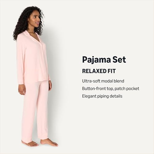 Image of Amazon Essentials x Sofia Grainge Women's Stretch Modal Long-Sleeve Button-Front Top and Full-Length Bottom Pajama Set