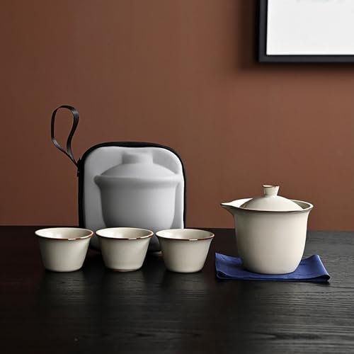 KUSIKIKA 携帯茶器セット 200ml急須+湯のみ3客 陶器 車載 旅行用 コンパクト収納バッグ付き 中国茶器 ギフト プレゼント 和風デザイン (ベージュAタイプ)