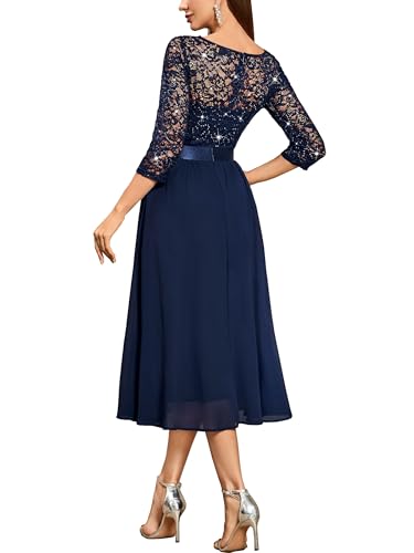 Miusol Women's Elegant V Neck Sequin Lace Sleeve Bridesmaid Party A-line Dress2