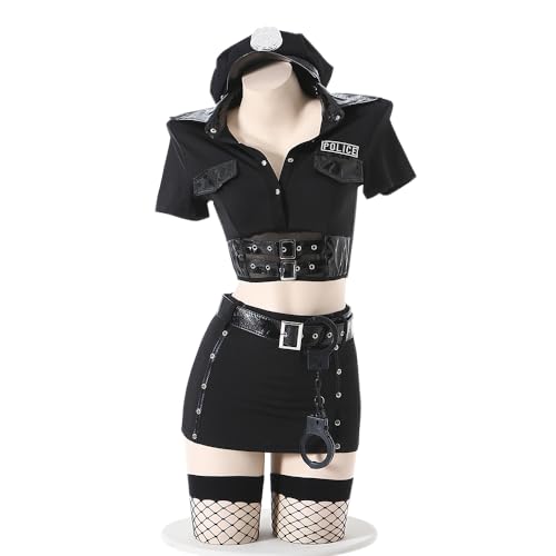 Lingerie de police pour femme avec jupe en cuir véritable PU style anime audacieux