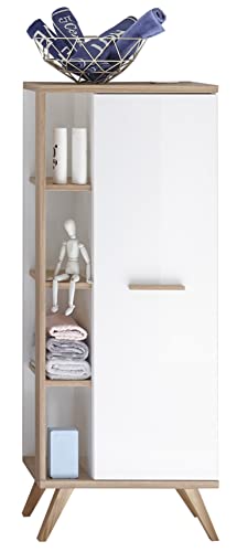 Pelipal Badezimmerschrank Quickset 923 in Weiß Glanz/Riviera Eiche quer Nachbildung, 50,5 cm breit | Halbhoher Midischrank mit 1 Tür, seitlichen Ablagefächern und 3 Glas-Einlegeböden