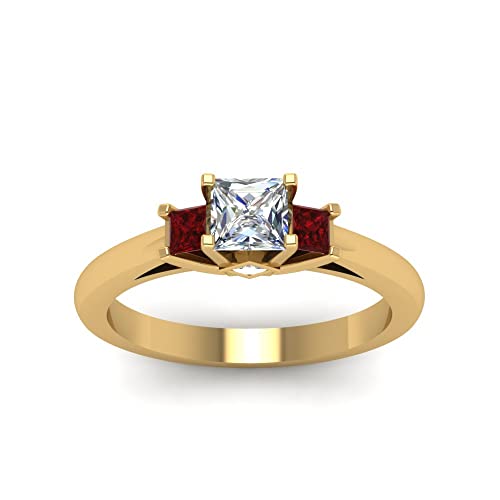 Image of Choose Your Gemstone Three Stone Princess Diamond CZ Engagement Ring Yellow Gold Plated Princess Shape Side Stone Engagement Rings Minimal Surprise Gifts for Ladies US Size 4 to 12