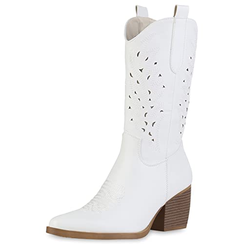 VAN HILL Damen Cowboystiefel Stiefel Schuhe Spitze Stickereien Cut-Outs...