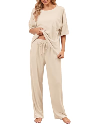 Image of JiniGolla Womens Pajama Sets Waffle Knit Short Sleeve Shirt with Long Pajama Pants Soft Sleepwear Pj Lounge Sets