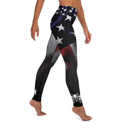 Skull and Crossguns US Flag/Carbon Fiber Women's Fitness Gym Yoga Leggings White Cover