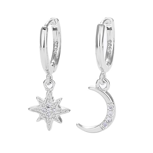Ryaupy 1Paire boucles D'oreilles Pendantes en Argent - Pendentif Asymétrique Étoile et Lune - Boucles D'oreilles Créoles en Argent Adaptées Comme Cadeaux...