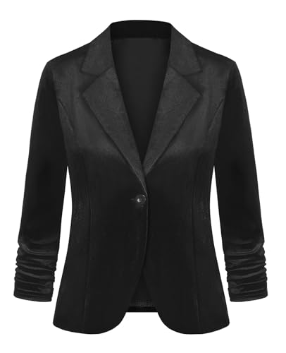 LADI TREND Blazer de terciopelo para mujer, chaqueta de un botón, con solapa con muescas, ropa de trabajo, elegante, clásico, formal, manga 3/4 fruncida, B-negro, S