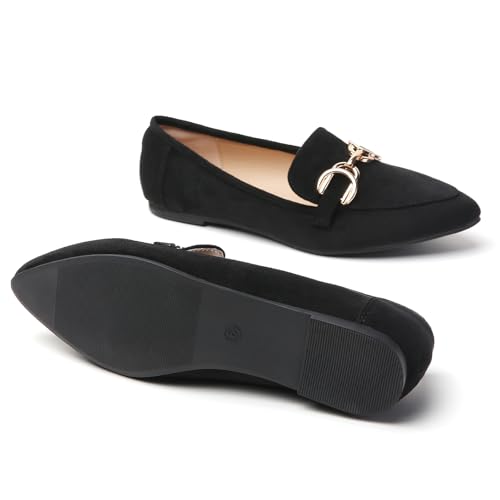 Image of Tilocow Metal Chain Loafers Flats for Women Pointed Toe Slip on Flats Dressy Casual Comfortable Work Business Shoes