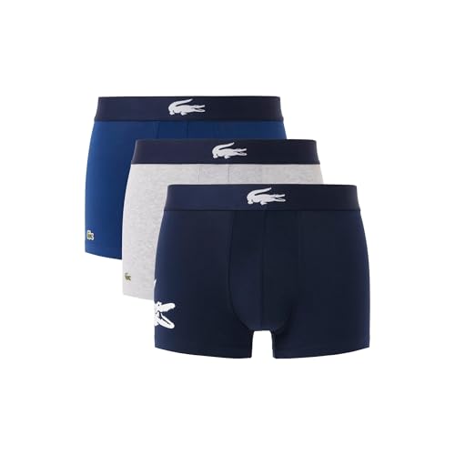 Lacoste Men's Cotton Stretch Big Croc Print Trunks, 3-pack, Navy Blue/White/Dove Grey/Deep Ocean, X-Small